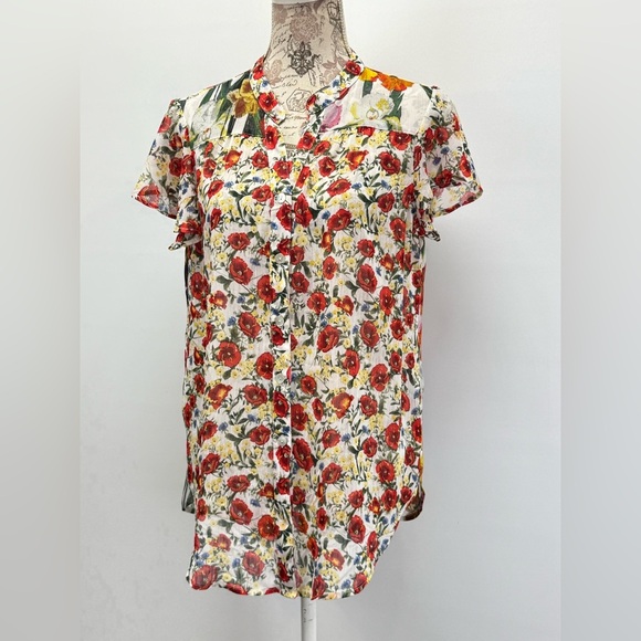 FIGUEROA & FLOWER Red and yellow sheer floral print top size PXL - Picture 7 of 13